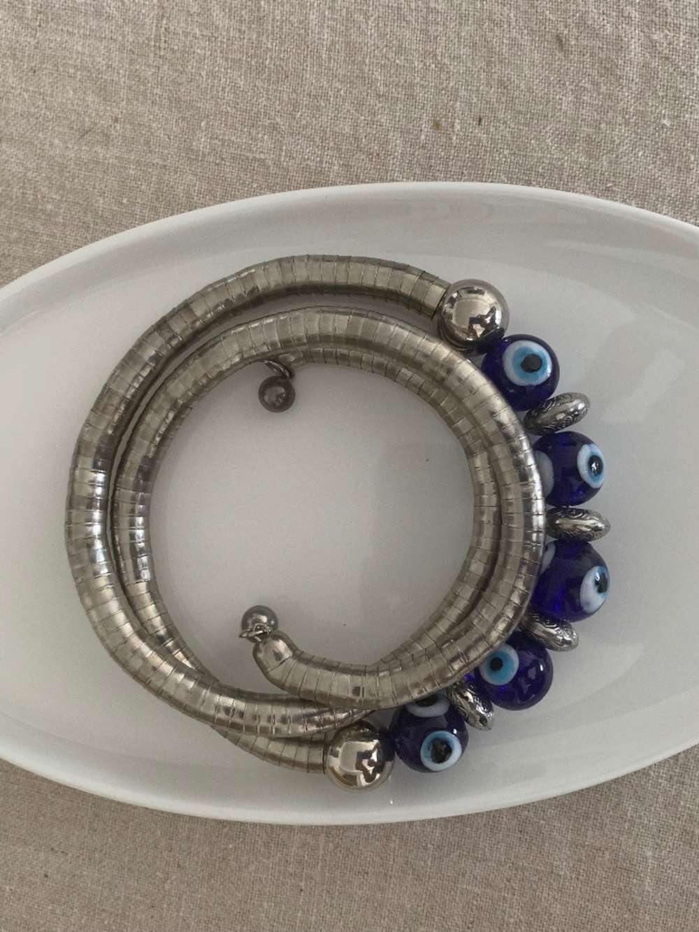 Silver Tone Coil Choker Necklace Blue Evil Eye Glass Beads